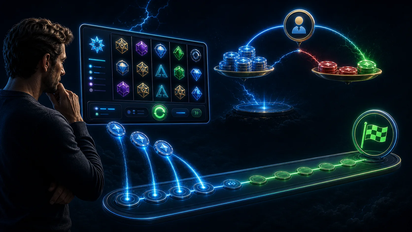 Modern online slot interface sending qualifying spins along a rollover progress track while balance outcomes change separately.
