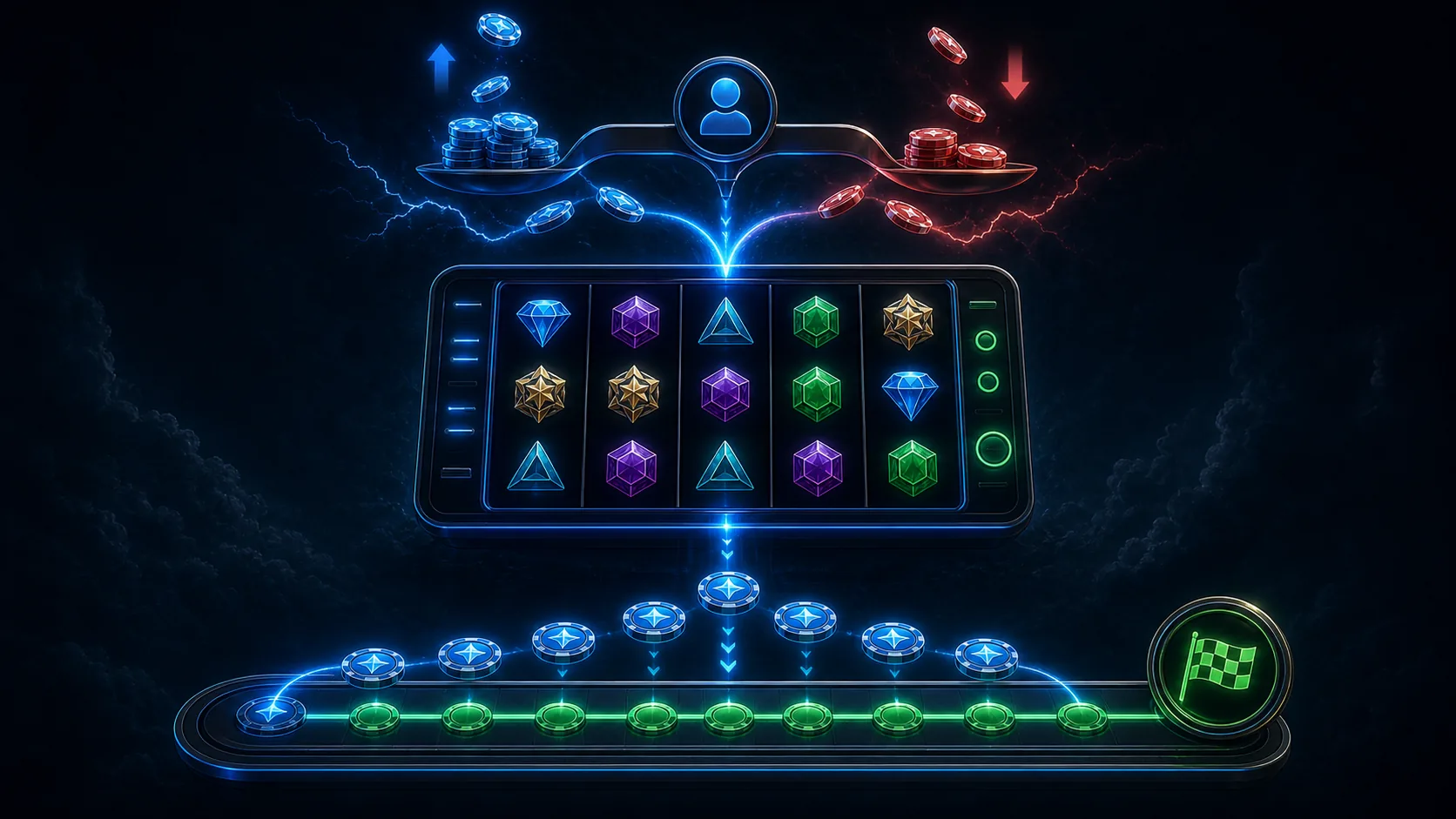 A modern online slot spin feeding a changing balance outcome and a separate rollover progress track.