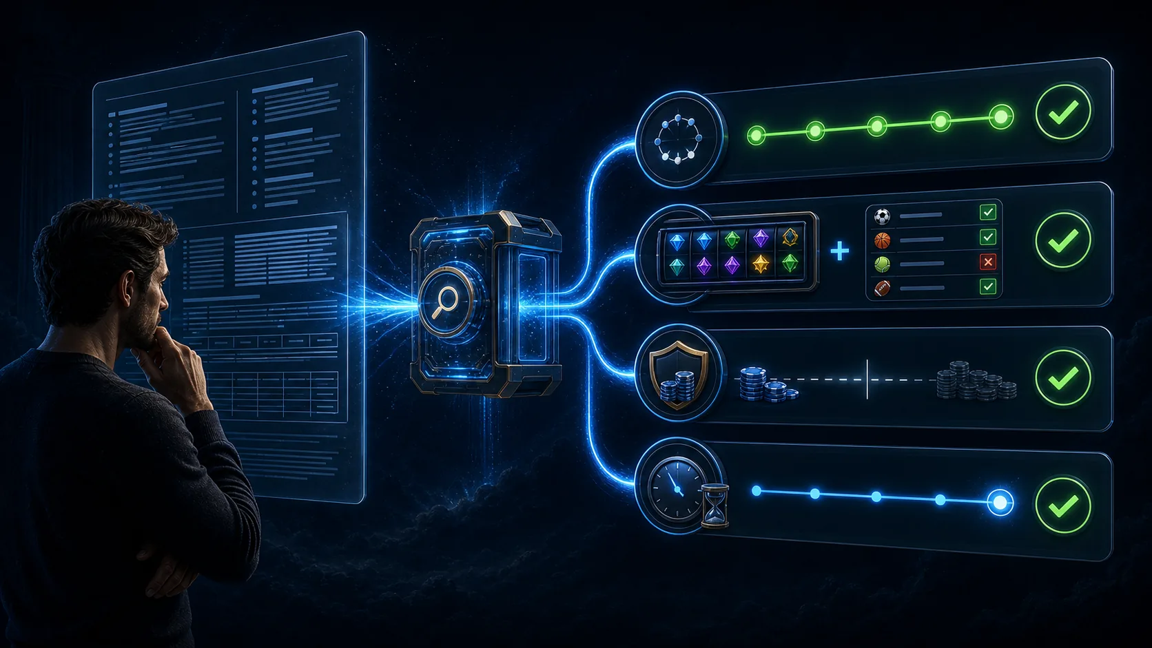Complex casino and sportsbook bonus terms being transformed into clear checks for rollover, qualifying play, limits, and expiry.