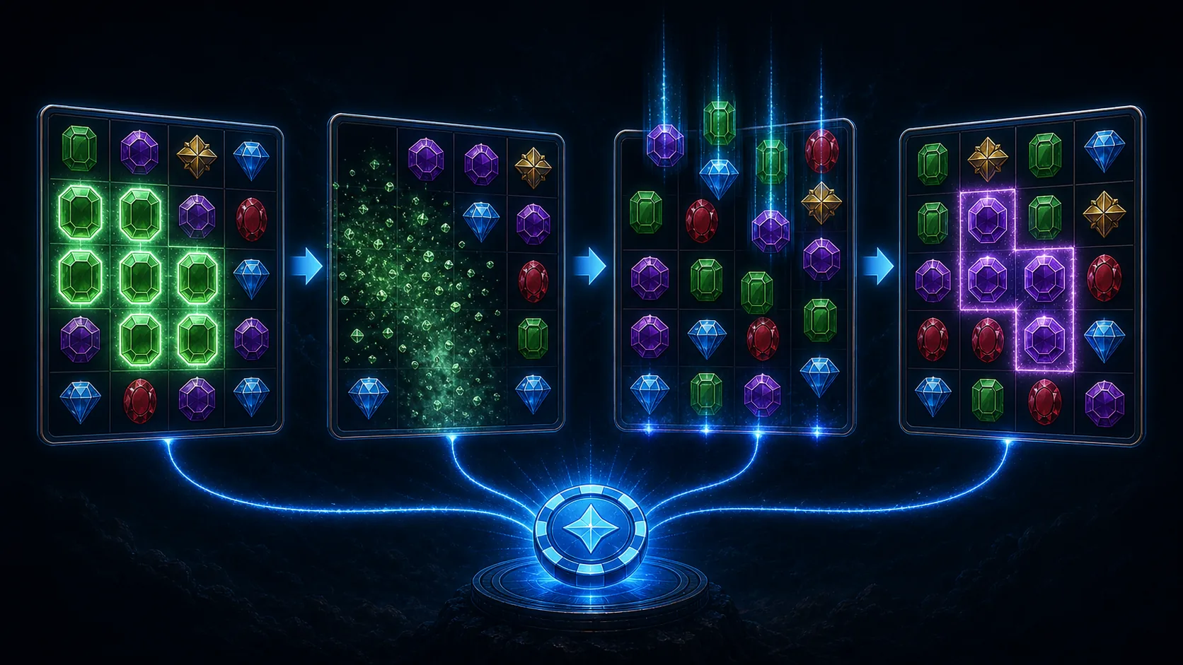 A modern cascade slot showing winning symbols dissolving and new jewel symbols falling into their positions during one spin.