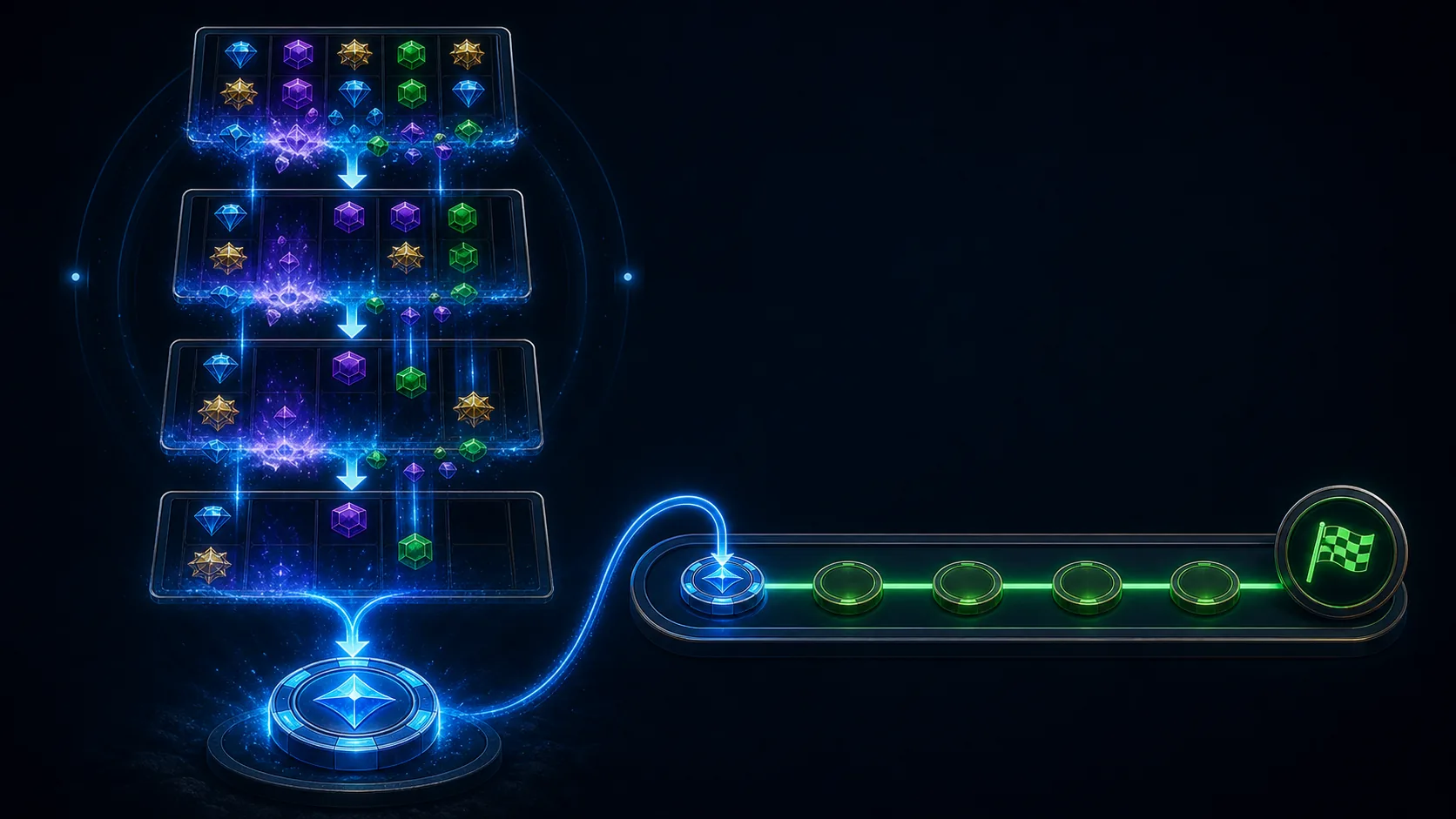 One paid spin creating several cascade events while contributing one step to rollover progress.