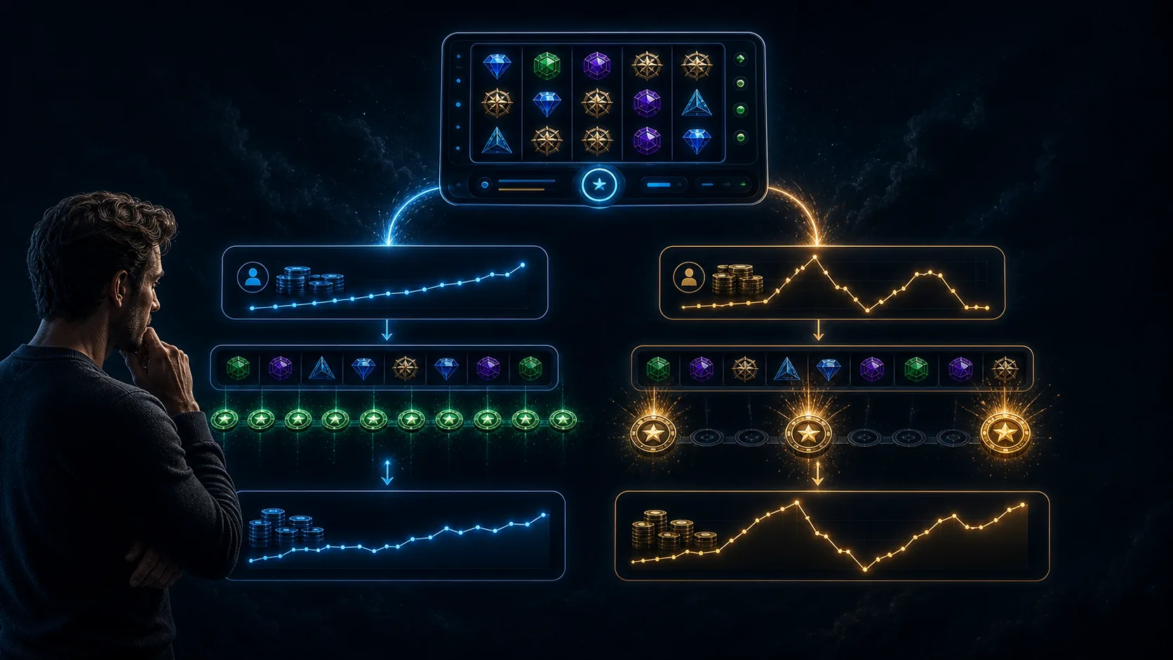 Modern online slot branching into frequent small results and less frequent larger results to explain volatility.